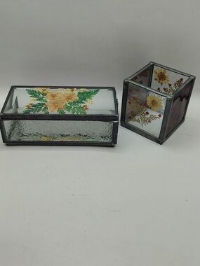 Vintage Stained Glass Jewelry Box And Candle Holder Featuring Pressed Flowers